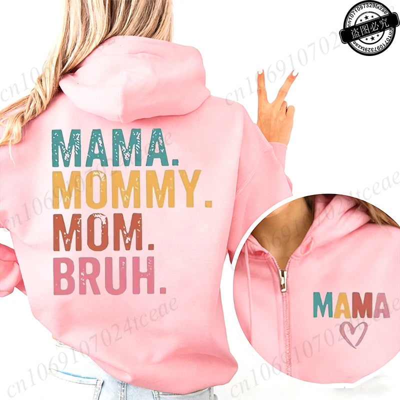 Women's Mama Graphic Fleece Hoodies Casual Long Sleeve Sweatshirts Mama Mommy Mom Bruh Print Zip Up Hooded Hoodies Tops Gifts