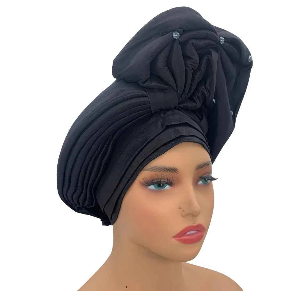 African Female Head Wraps Raw Silk Turban Cap for Women Nigeria Wedding Party Headcover Hat Ready to Wear Head Ties