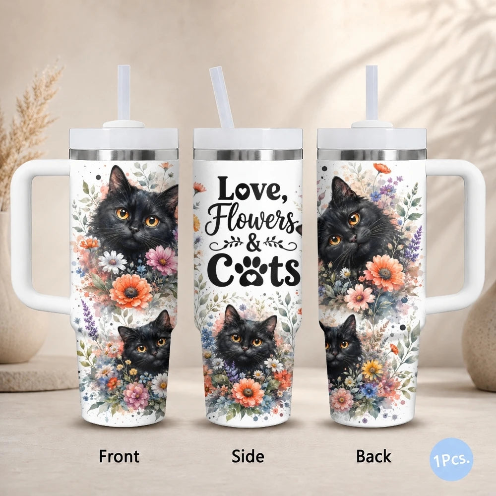 Cat & Floral 40oz Tumbler – Cute Stainless Steel Insulated Cup with Straw