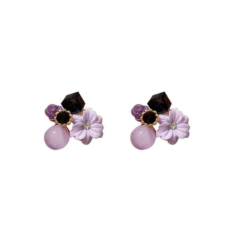 2024 New Korean Fashion Purple Crystal Beads Flower Stud Earrings Premium Sense Sweet Earrings for Women Jewelry Accessories