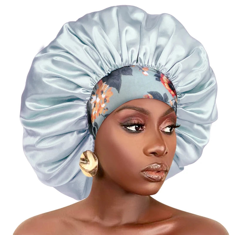 Extra Large Silky Satin Hair Bonnet For Women Thick Hair Sleep Cap Elastic Band Beanie African Headwrap Flower Turban Chemo Caps