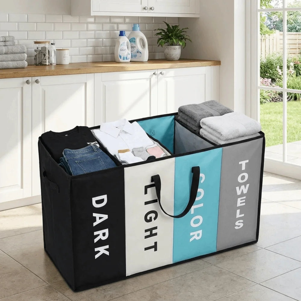 4-Grid Large Laundry Basket – Folding Divided Clothes Hamper with Handles
