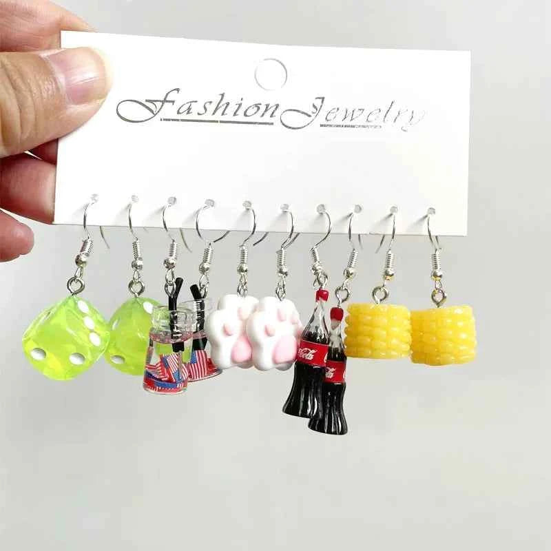 5 Pair Set Small Fresh Colored Resin Pendant Earrings Art Sweet and Cute Fruit Animal Milk Tea Earrings Female