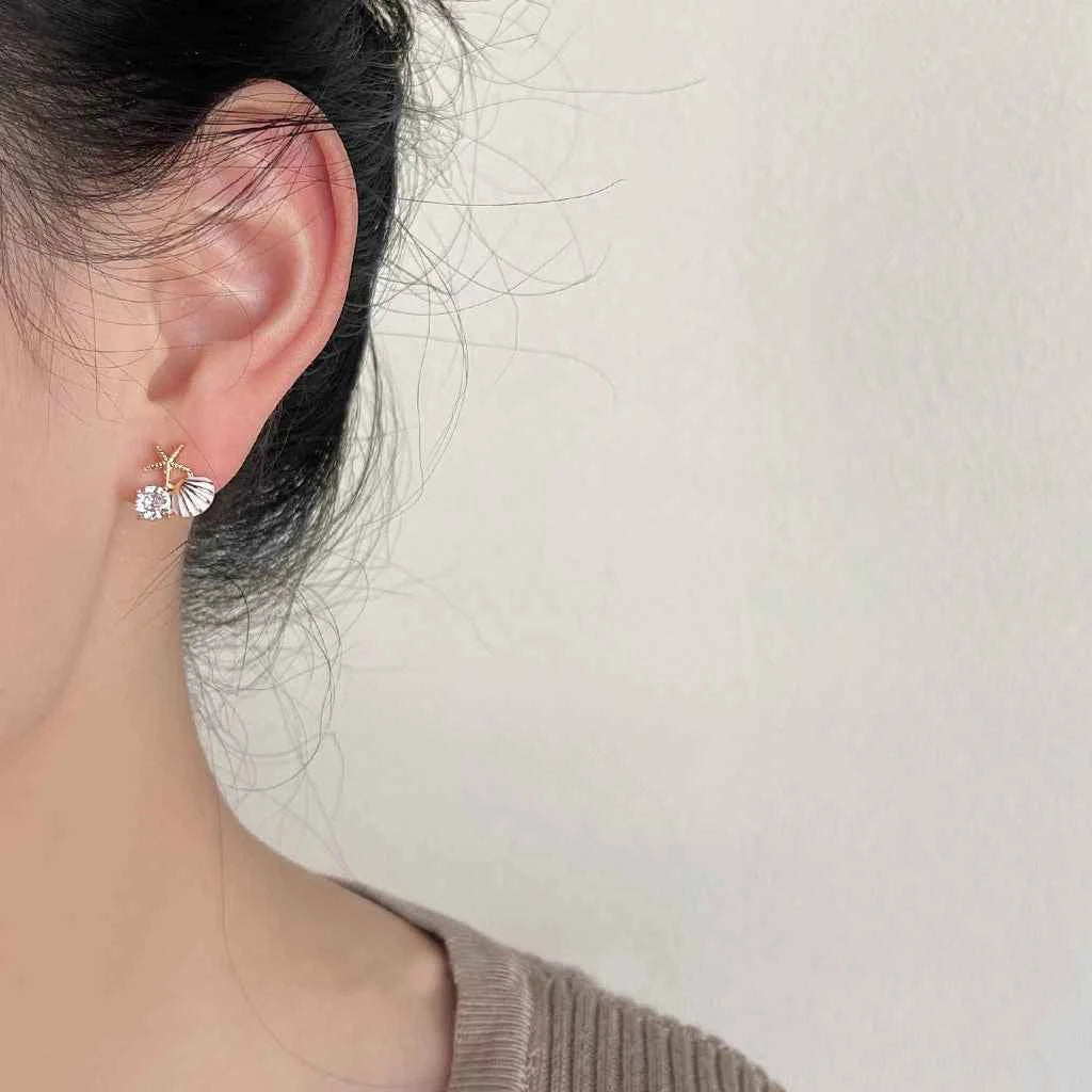 Cute Small Starfish Shell Stud Earrings for Women Asymmetric Rhinestones Imiation Pearl Charms Earrings Trendy Sweet Jewelry
