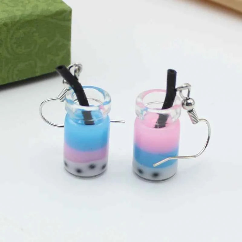 Trend Creative Funny Three Layers Colored Bubble Milky Tea Pendant Earrings for Women Personality Drink Ear Jewelry Girl Gift