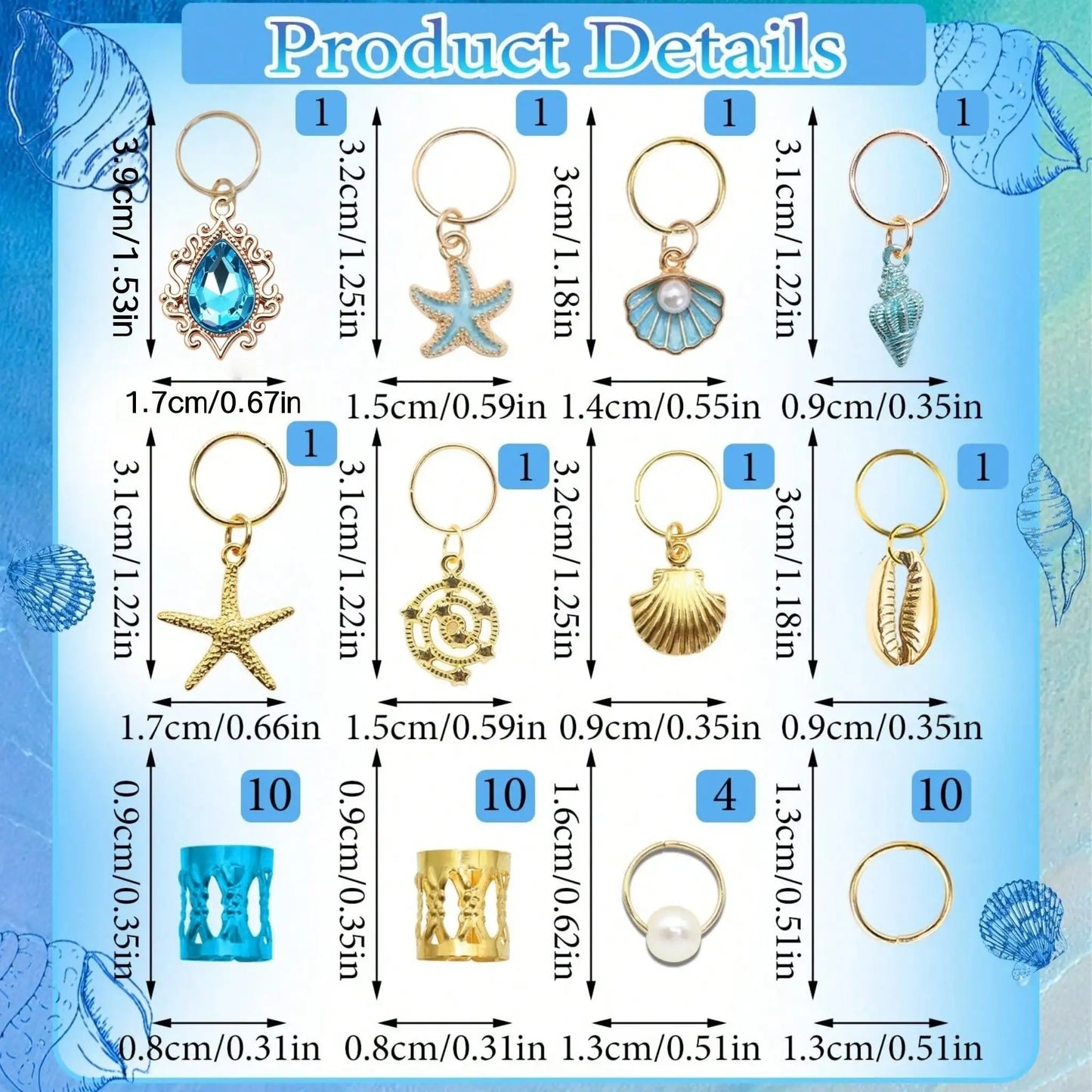 42pcs Ocean Starfish Shell Hair Rings Set Nautical Theme Braid Hair Charm Beach Vacation Hair Cuffs Set