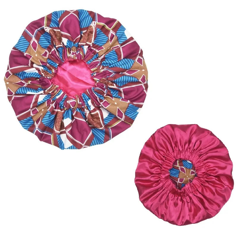 New African Ankara Pattern Satin Linned Bonnet Women Long Ribbon Headwrap Double Layer Headscarf Big Size Adult Hair Cover