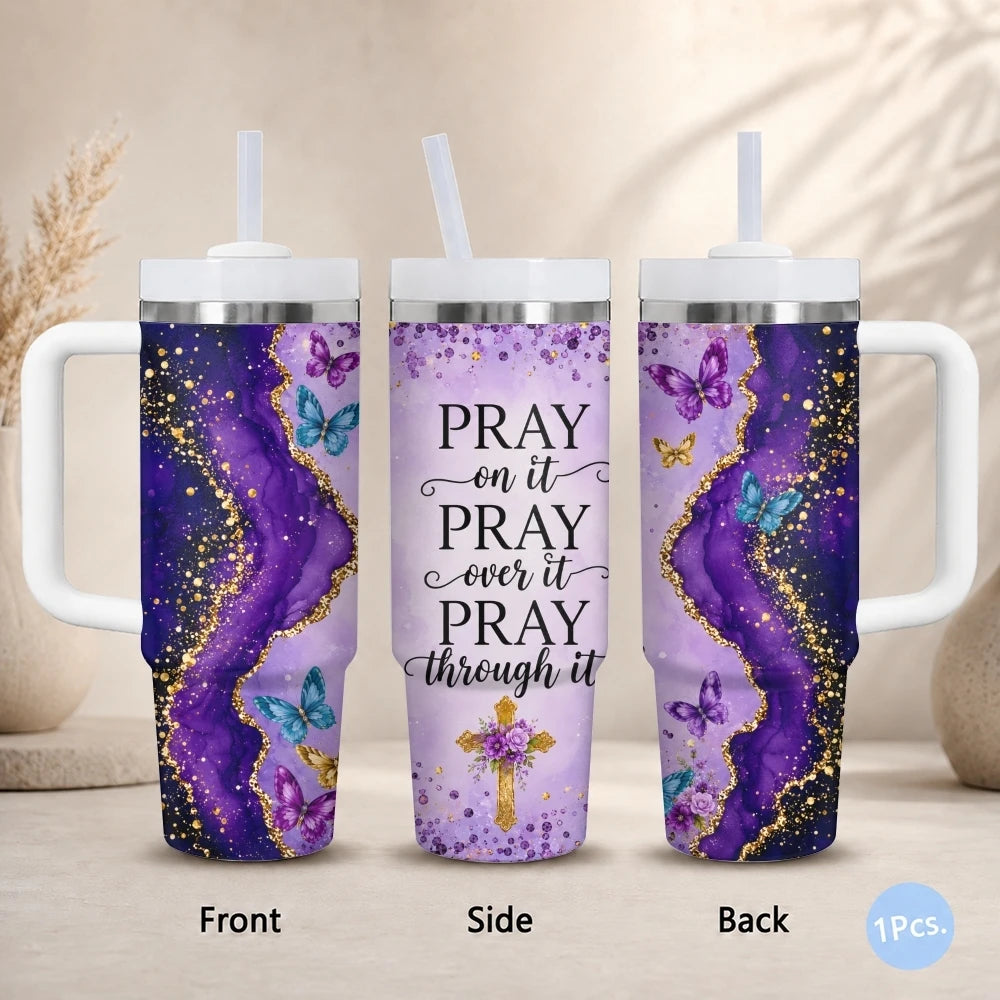 40oz Purple & Gold Glitter Tumbler – Insulated Stainless Steel Travel Mug