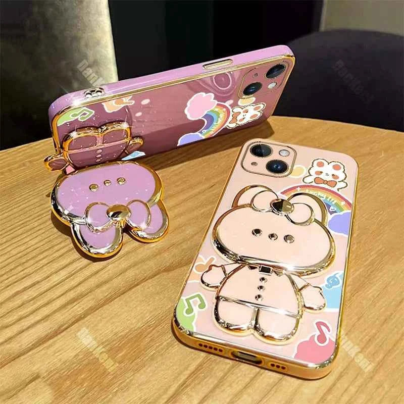 13 14 Lucky Rabbit Holder Bracelet Plating Phone Case For iPhone 13 14 12 15 Pro Max Mini 15 14 Plus XS XSMax XR X Cover