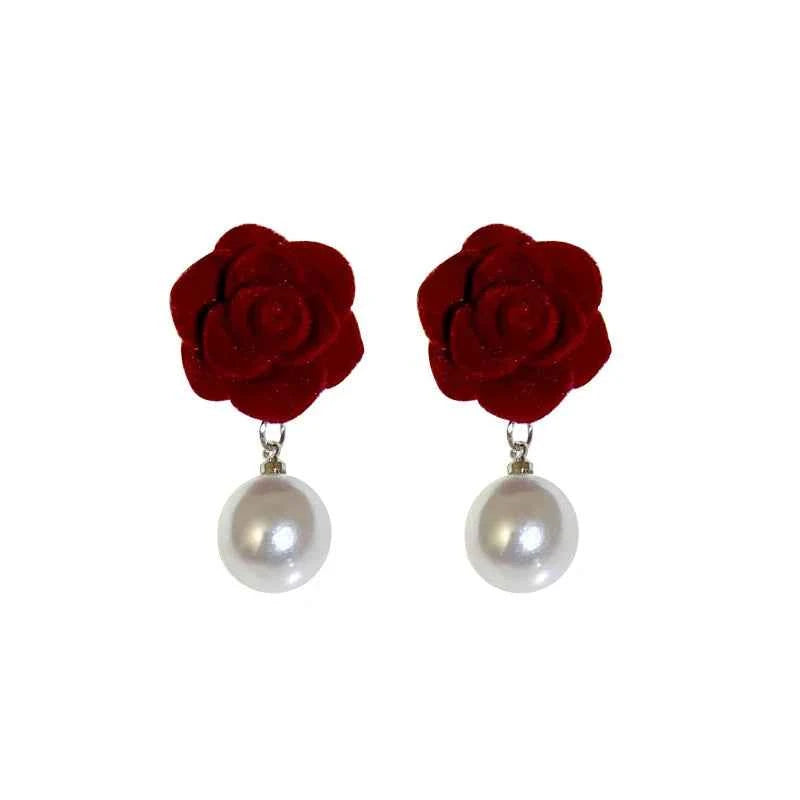 1Pair Wine Red Pearl Rose Flower Earrings Retro Wedding Ear Studs Chinese New Year Jewelry Earring