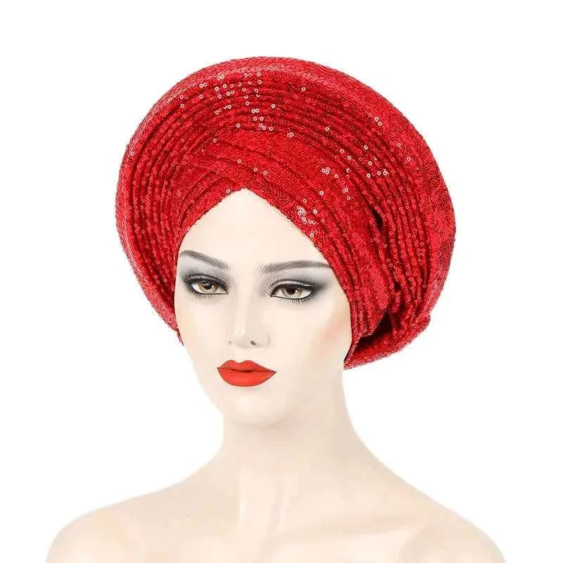 2025 Sequins Turban Chemo Cap for Women Ready to Wear African Auto Gele Headtie Nigeria Wedding Geles Female Head Wrap Headpiece