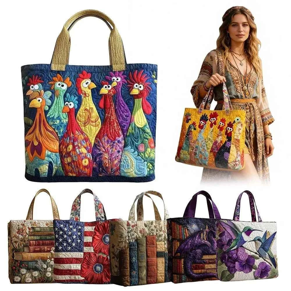 Fashion Vintage Quilted Tote Bag Lightweight Large Capacity Travel Handbag Cotton 3D Printed Patterns Shopping Bag Casual