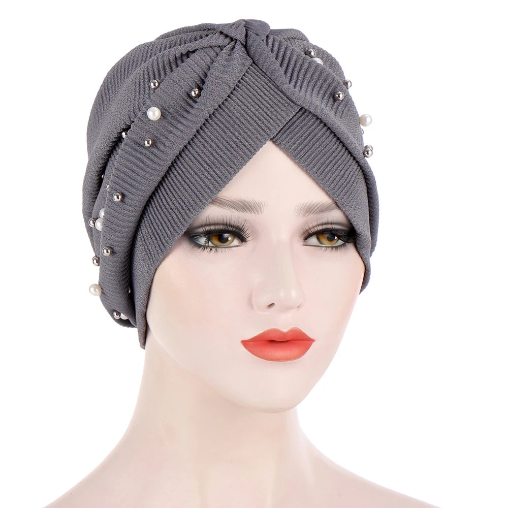 1PC Women Turban Hat Elastic Hijab with Beads Cancer Chemo Cap Head Wrap for Hair Loss
