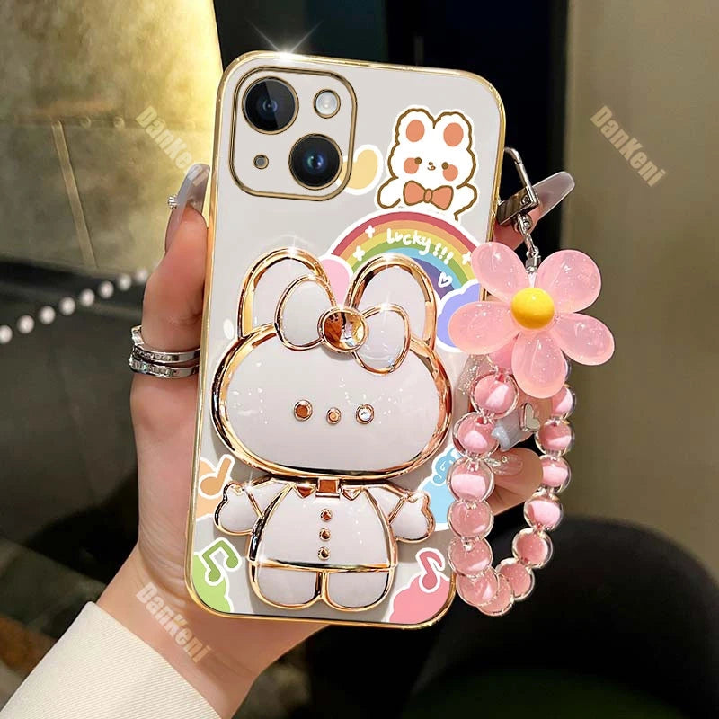 13 14 Lucky Rabbit Holder Bracelet Plating Phone Case For iPhone 13 14 12 15 Pro Max Mini 15 14 Plus XS XSMax XR X Cover