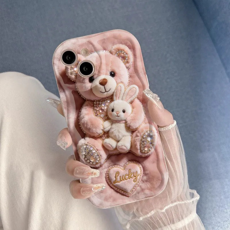 Cartoon Pink Plush Bear Printed Phone Case For Samsung Galaxy A16 A26 A36 A56 A55 A54 S26 Ultra S25 S24 S23 FE S22 S21Plus Cover