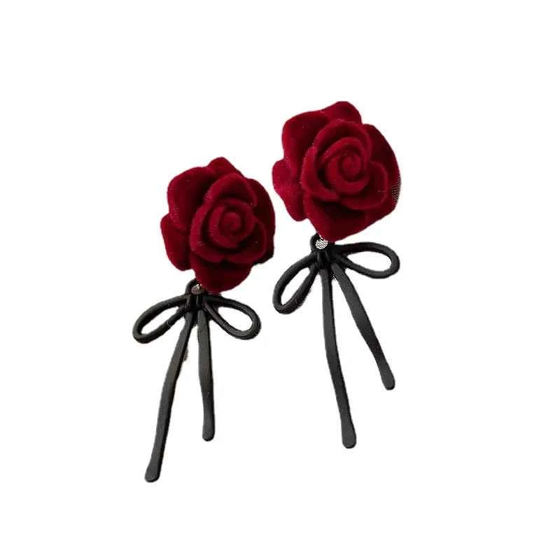 New Retro Flocking Flower Bow Earrings Luxury Roses Fashion Earings for Women Jewelry