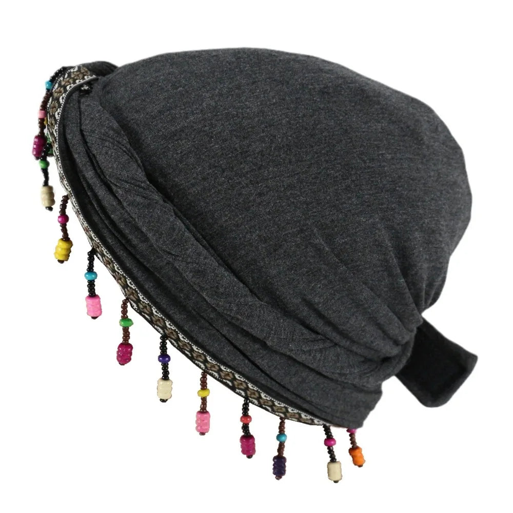 Bonnet Hat Elastic Colorful Beaded Headscarf Breathable Hijab Pre-tie Head Wraps Dome Indian Style Jacquard Pullover Cap Gifts