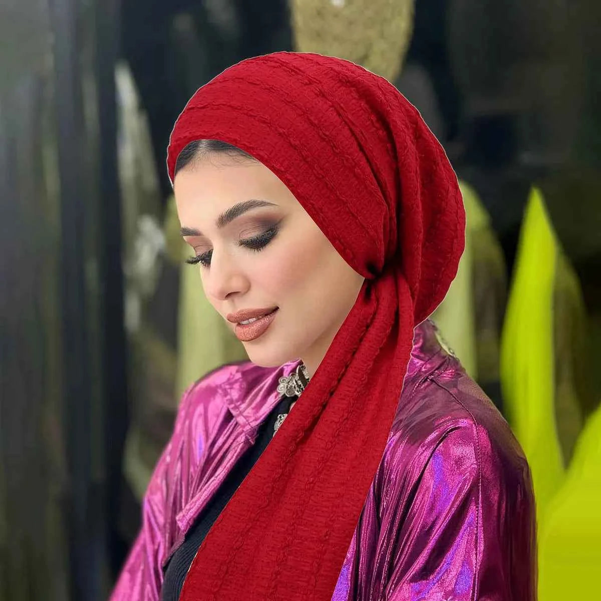 Ramadan Solid Color Crinkle Turban Hijab Hats Long Tail Head Wraps Soft Strech Muslim Hats Breathable Chemo Cap For Women Girls