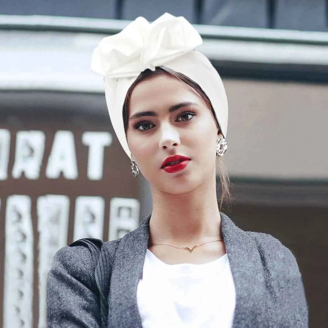 Trendy Big Bow Knot Turban Bonnets For Women Designer Retro Stretchy Beanie Cap Gorgeous Party Head Cover Plain Hijabs Head Wrap