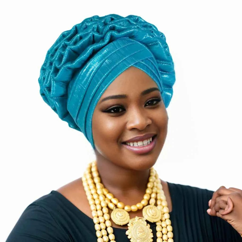 Women’s Glitter Pleated Turban Cap – Auto Gele Headtie African Wedding & Party Head Wrap