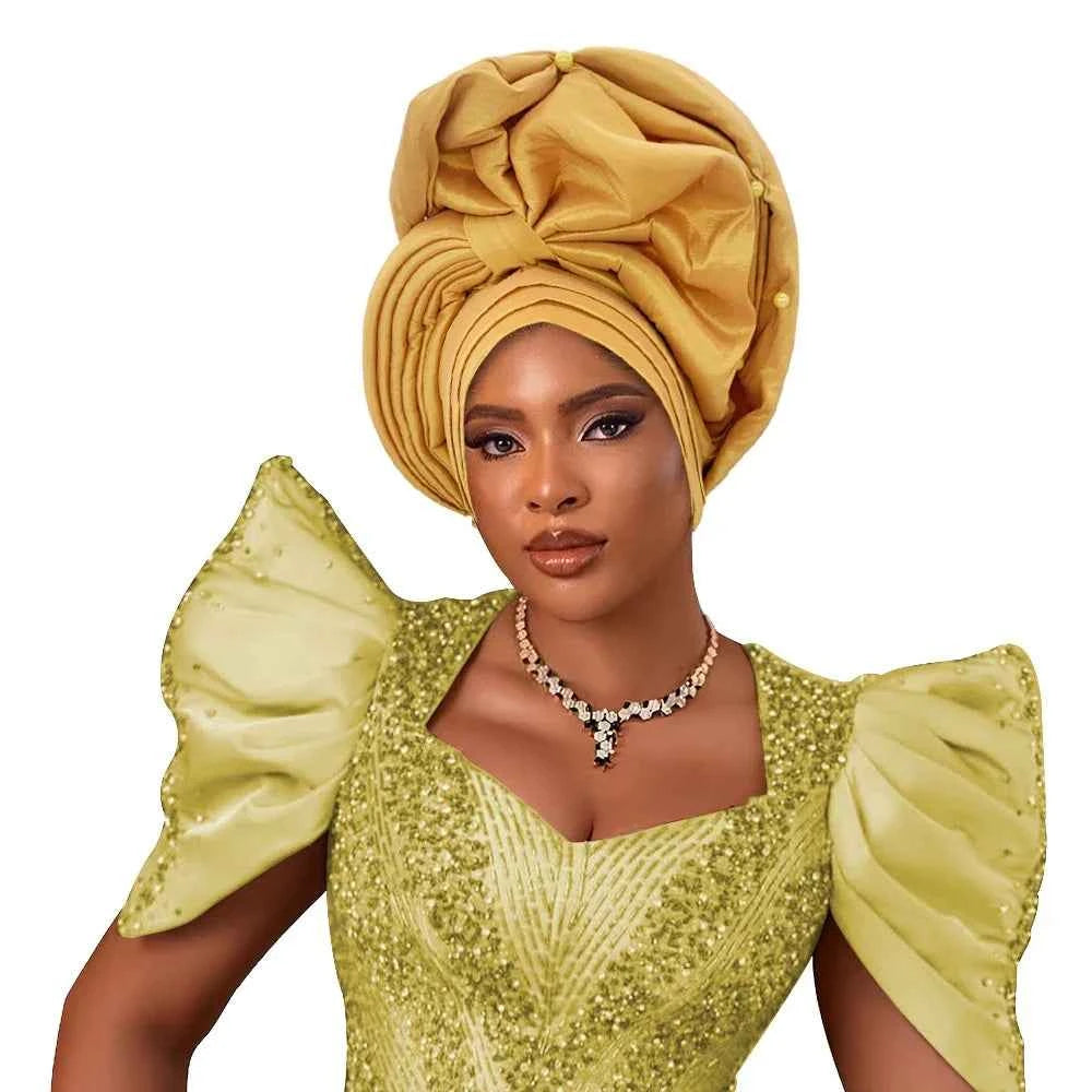 African Female Head Wraps Raw Silk Turban Cap for Women Nigeria Wedding Party Headcover Hat Ready to Wear Head Ties