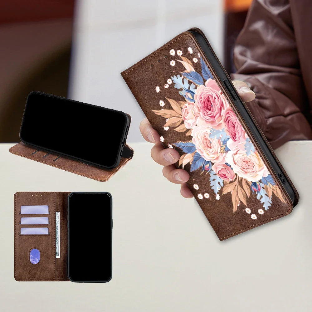 Flower Pattern Magnetic Leather Flip Wallet Case for iPhone 17 Pro Max 16 15 14 13 12 11 Pro Max 16 Plus Air Card Slots Holster