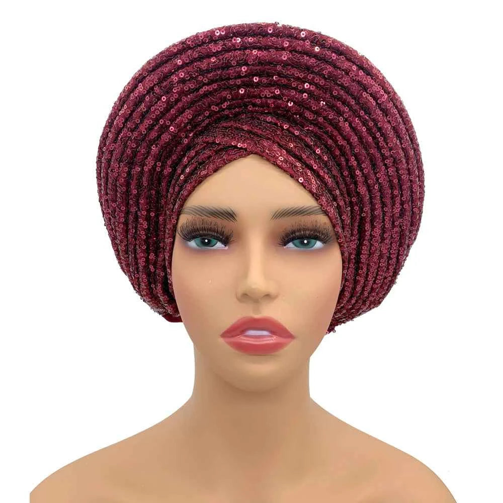 Sequins Auto Gele Headtie African Women's Head Wraps Fashion Turban Cap Nigeria Wedding Geles Already Made Head Ties Headpiece