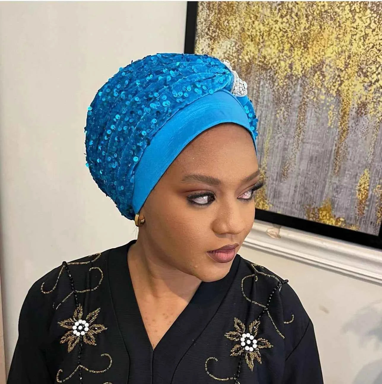 Sequin African Headtie Summer Autumn African Solid Color Party Evening Headtie African Turbans for Women Outfits Caps