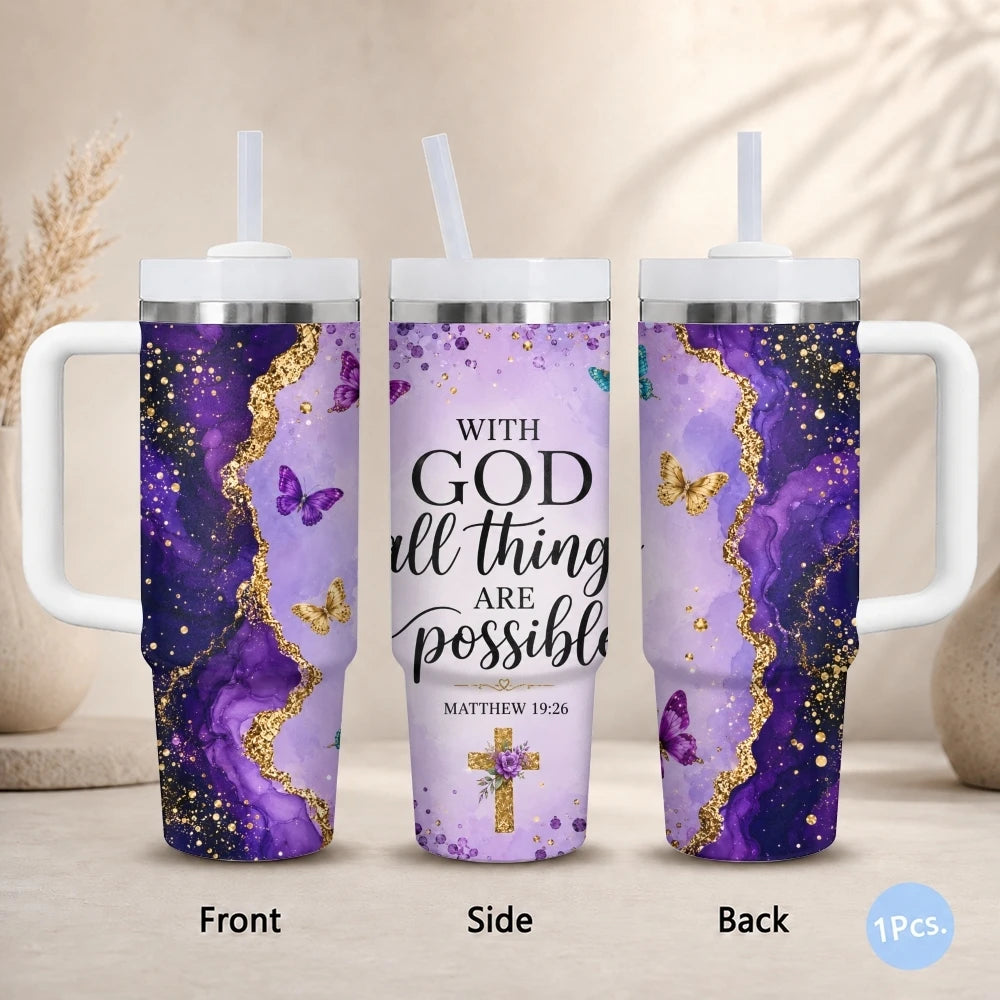 40oz Purple & Gold Glitter Tumbler – Insulated Stainless Steel Travel Mug