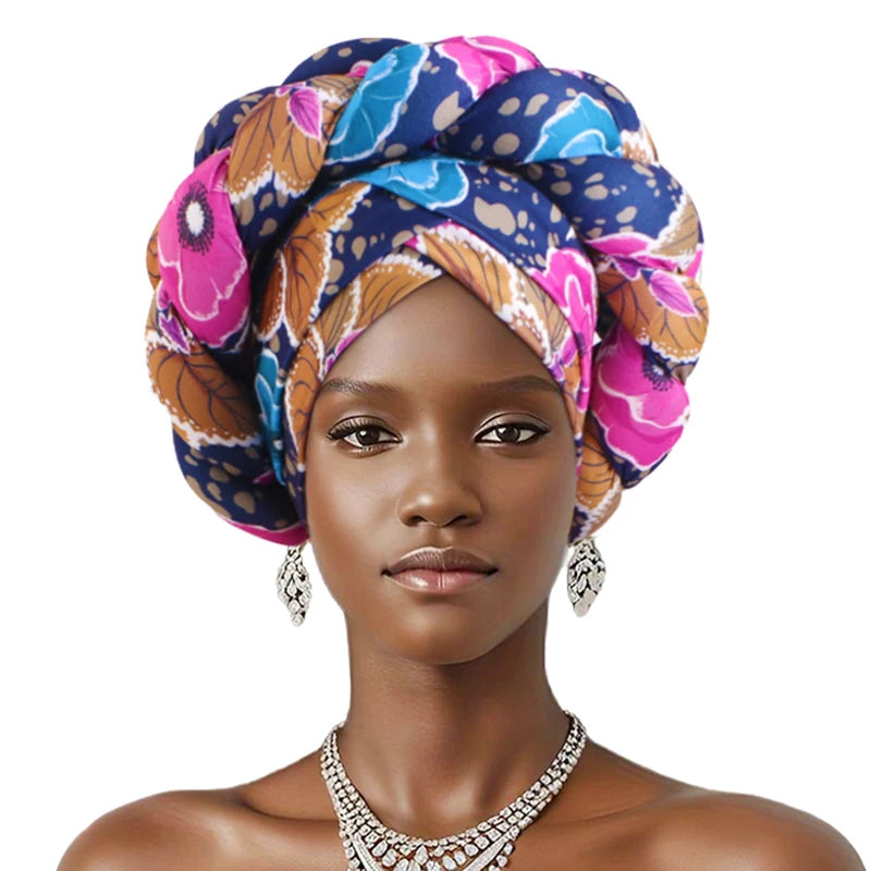 New African Print Twisted Large Braid Turban Hat Muslim Hijab Hat Elastic Head Wraps Headscarf Ramadan Headscarf Beanie Hats - NamafadStore
