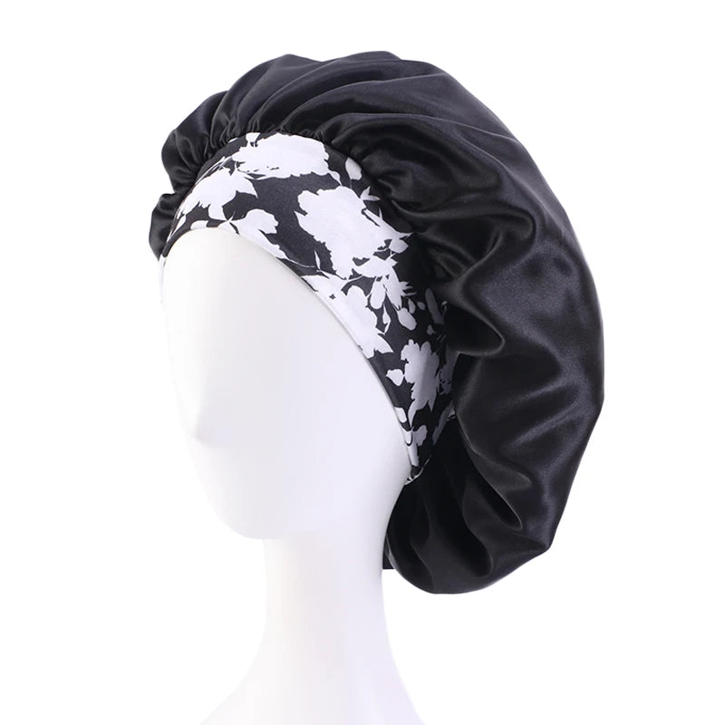 New Big Size Floral Print Bonnet Satin Wide Elastic Band Beanie Night Sleep Caps Head Cover African Headwrap Turban Chemo Caps - NamafadStore
