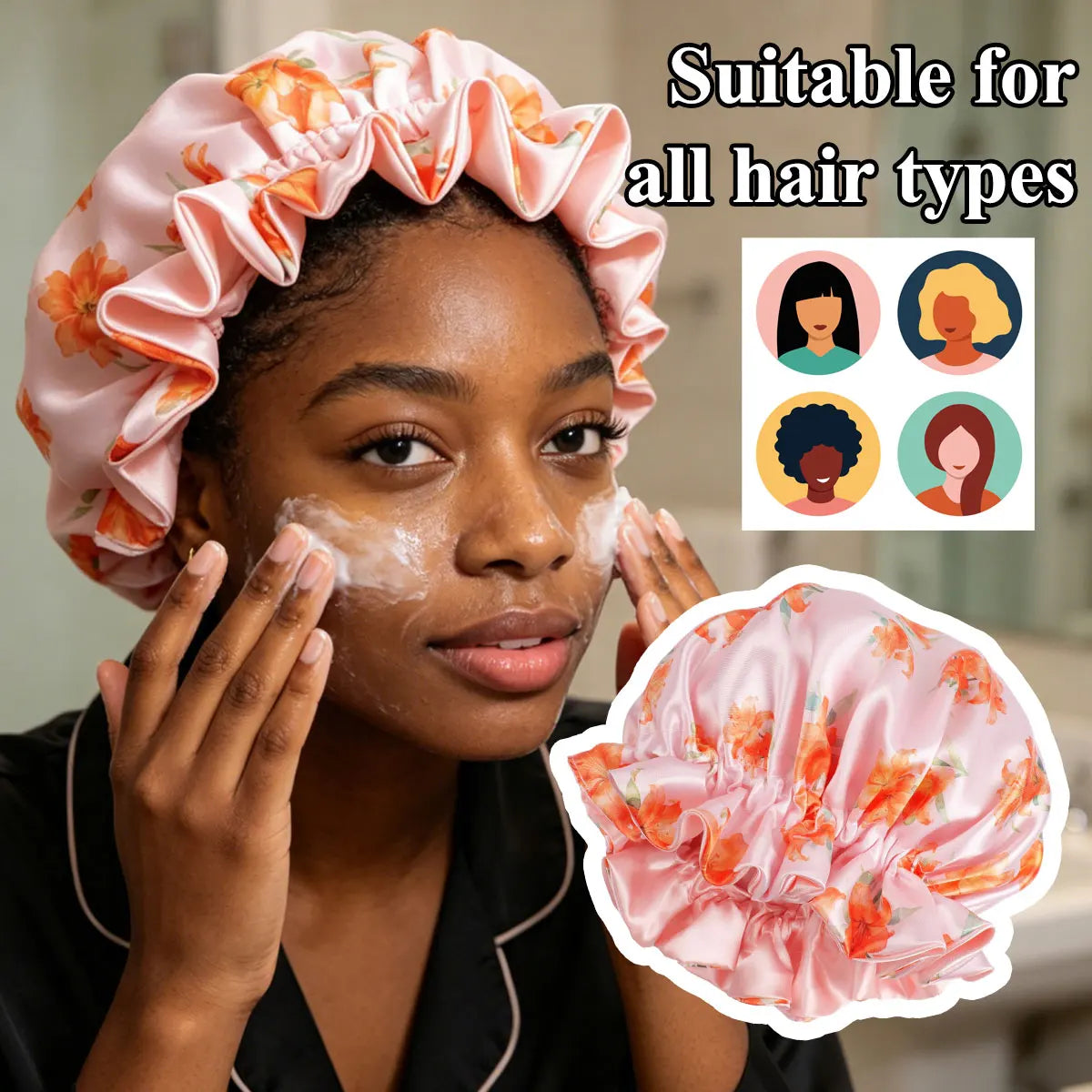 Floral Satin Bonnet for Women – Large Sleep Cap for Curly Hair