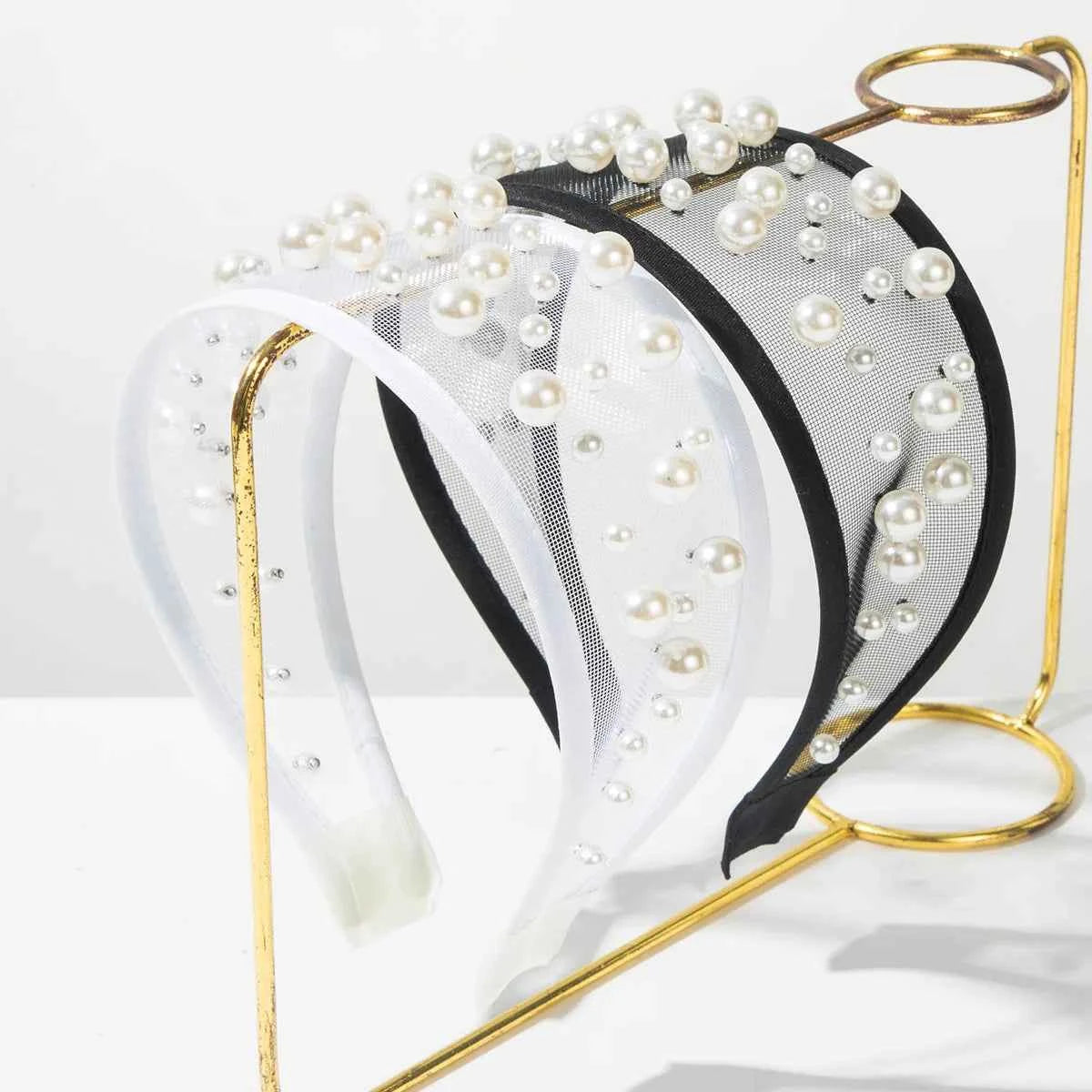 Pearl Headband Korean Fashion Simple Trendy Rivet Mesh Wide Headband for Women High-end Daily Versatile Hair Accessory