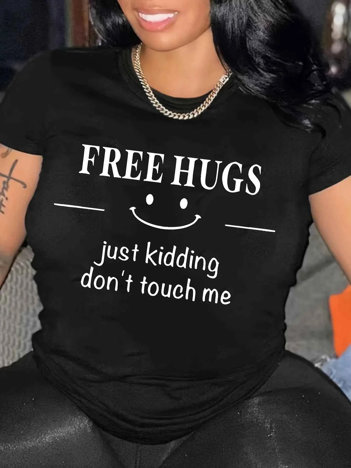 Free Hugs Just Kidding Don't Touch Me Women's Tee - Funny Introvert Graphic, Casual Black Top