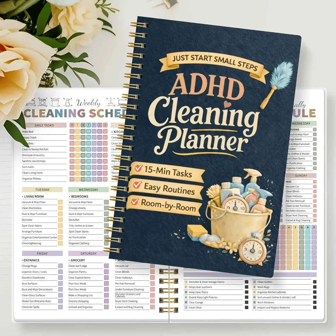 Spiral-bound Cleaning Planner Designed for ADHD Individuals, Featuring a Color-coded Schedule, Assisting Households, Offices