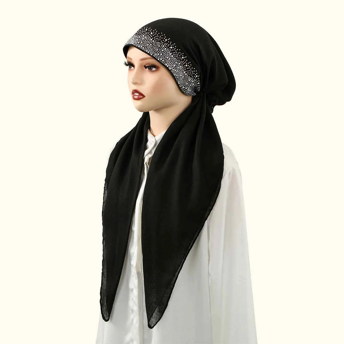 Fashion Diamond Cotton Elastic Headband Cap For Woman Muslim Hijab Hat Lady Fashion Instant Scarf Islamic Turban