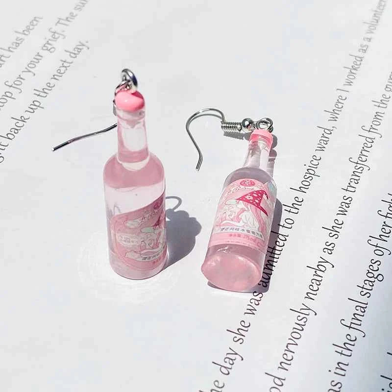 Transparent Pink Bottles Peach Drop Earrings Cute Funny Romantic 3D Simulation Fruit Drink Pendant Earring Women Gift Jewelry