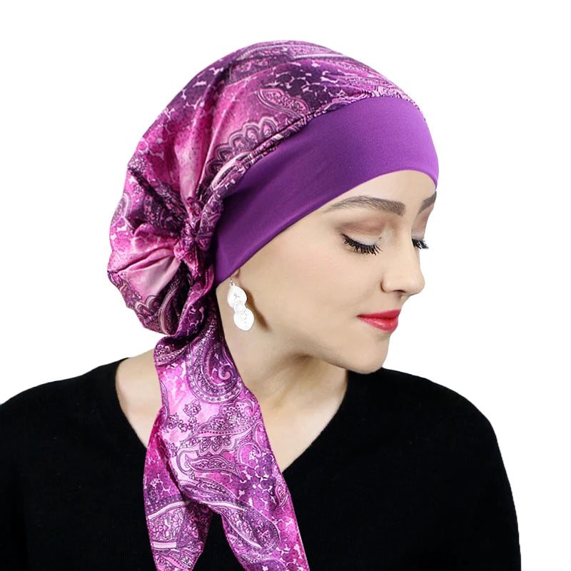 Printed Pre-tie Headscarf Women Elastic Muslim Female Turban Cancer Chemo Hat Hair Loss Cover Head Wrap Headwear Stretch Bandana - NamafadStore