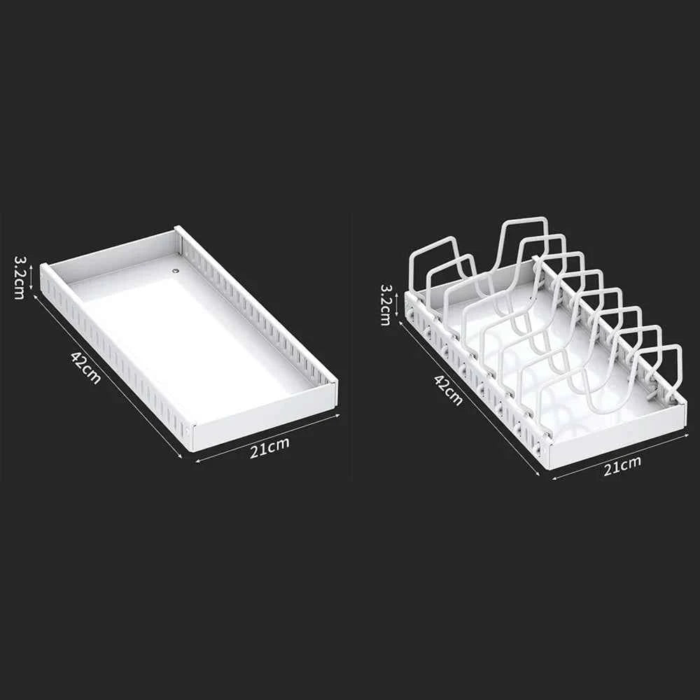 Adjustable Cookware Storage Rack, Kitchen Pull-out Shelf, Sliding Countertop and Dish Rack Inside Cabinets