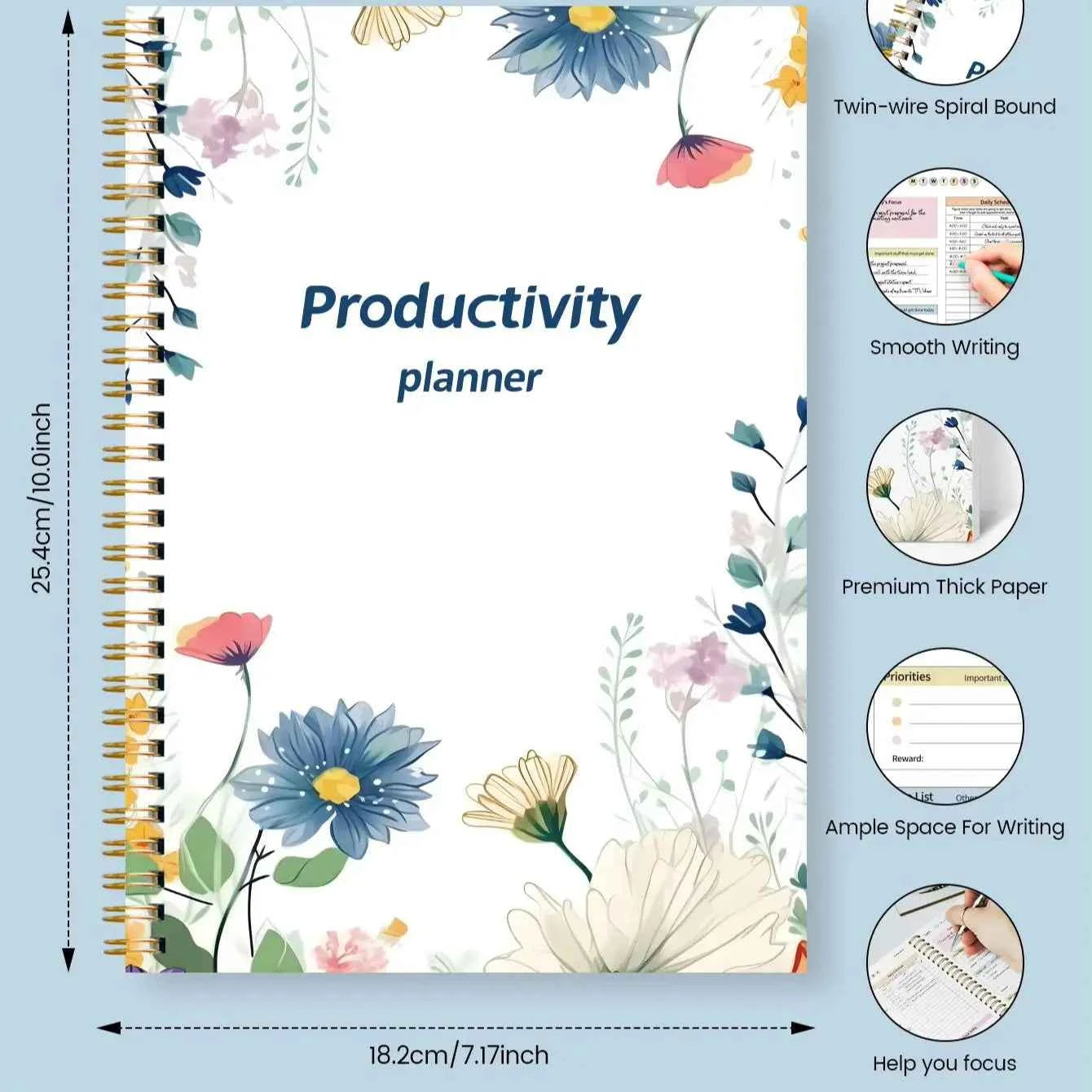 Floral Productivity Planner Spiral Daily Organizer with Focus, Priorities, to Do List, Self Care & Brain Dump