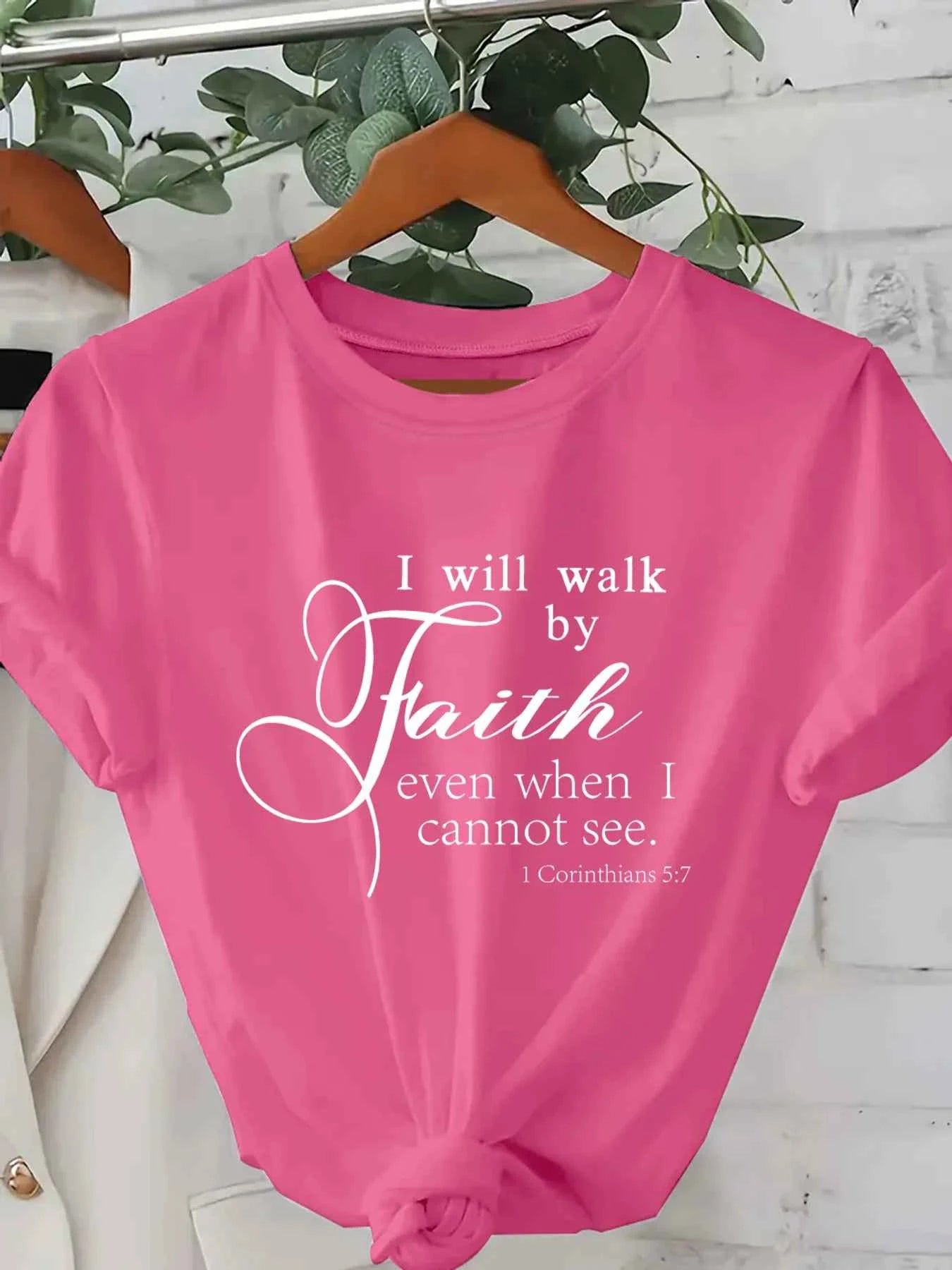 Walk By Faith Women's Tee - Bible Verse Graphic Pink Casual Top
