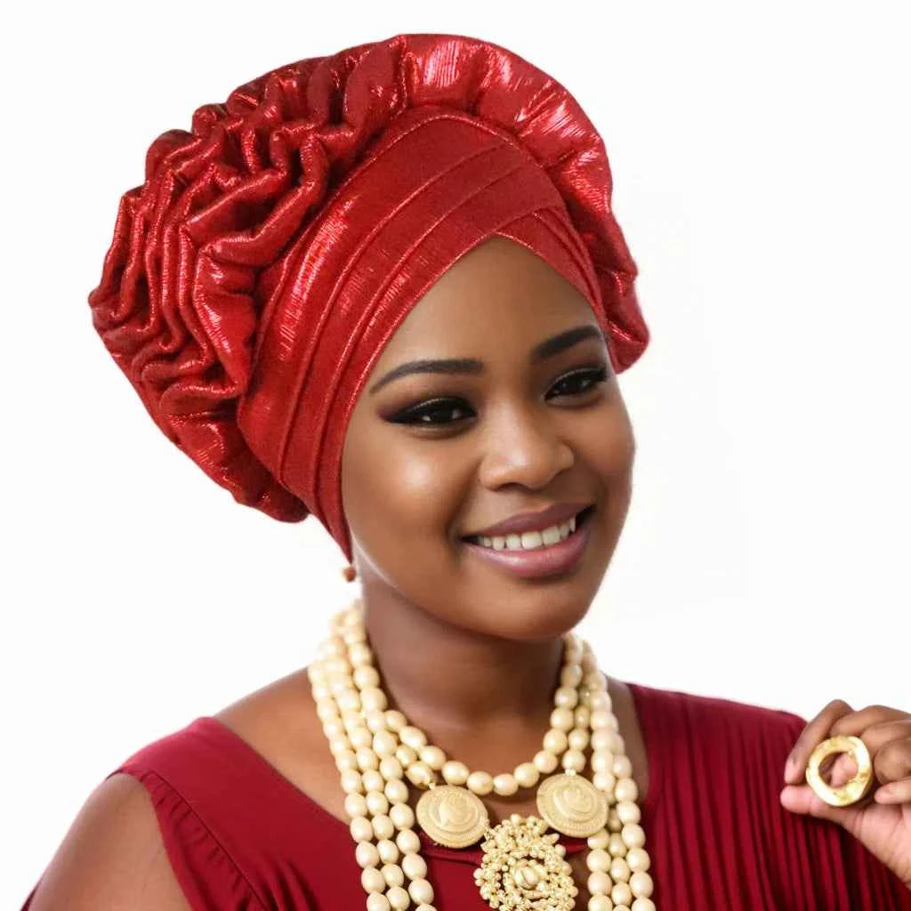 Women’s Glitter Pleated Turban Cap – Auto Gele Headtie African Wedding & Party Head Wrap