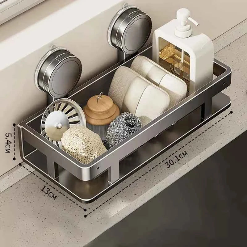 Suction Cup Storage Shelf Punch Free Wall Mounted Storage Rack Space Saving Bathroom kitchen Storage Rack Kitchen Sponge Holder