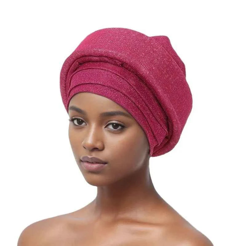 Glitter Fabric Turban Cap for Women African Pleated Head Wraps Nigeria Party Wedding Gele Lady Headscarf Bonnet