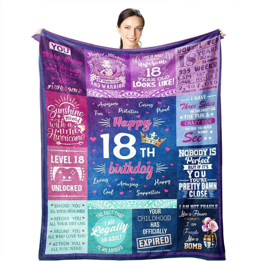Purple 18th birthday blanket with colorful “Happy 18th Birthday” and crown graphics