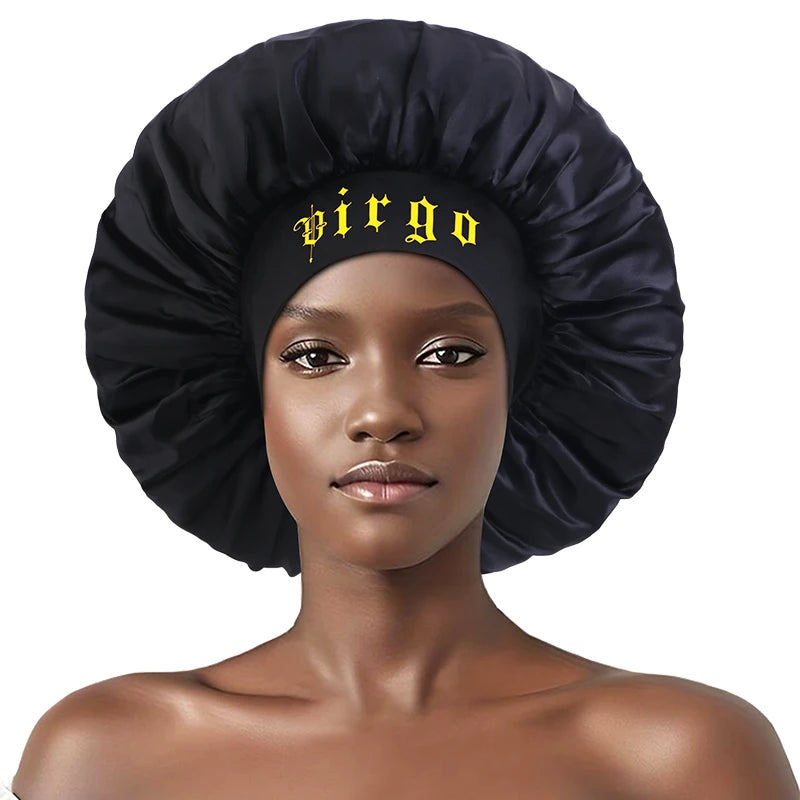 New 12 Constellations Printed Satin Sleep Bonnet Cap Wide Elastic Band Shower Cap Hair Wrap Cover for Long Hair Salon Tool - NamafadStore