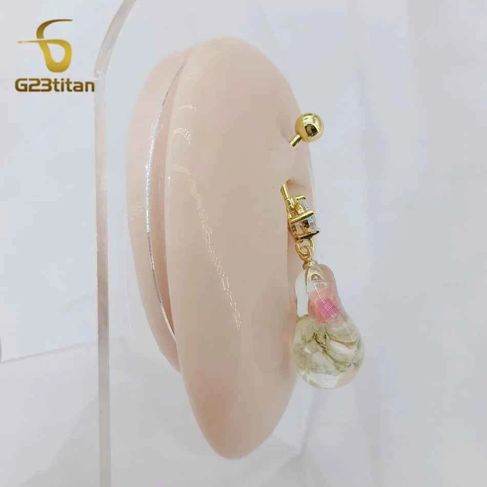 Transparent Resin Flower Charm Dangle Belly Button Ring 14G Allergy Free Titanium Bar Navel Piercing Women Summer Beach Jewelry
