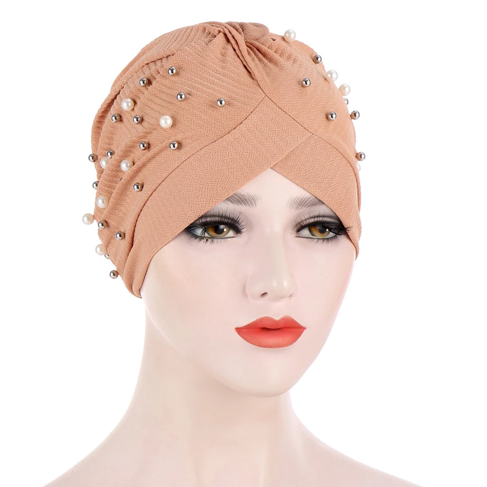 1PC Women Turban Hat Elastic Hijab with Beads Cancer Chemo Cap Head Wrap for Hair Loss