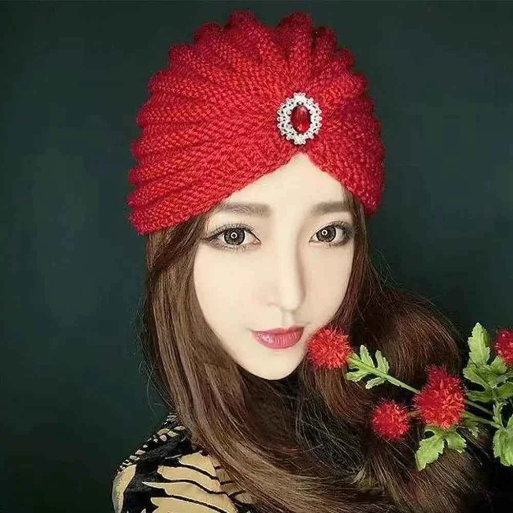 Fashion Winter Warm Hijab Caps Soft Thick Bohemia Turban Diamond Jewelry Wool Knitting Knitted Hats for Women