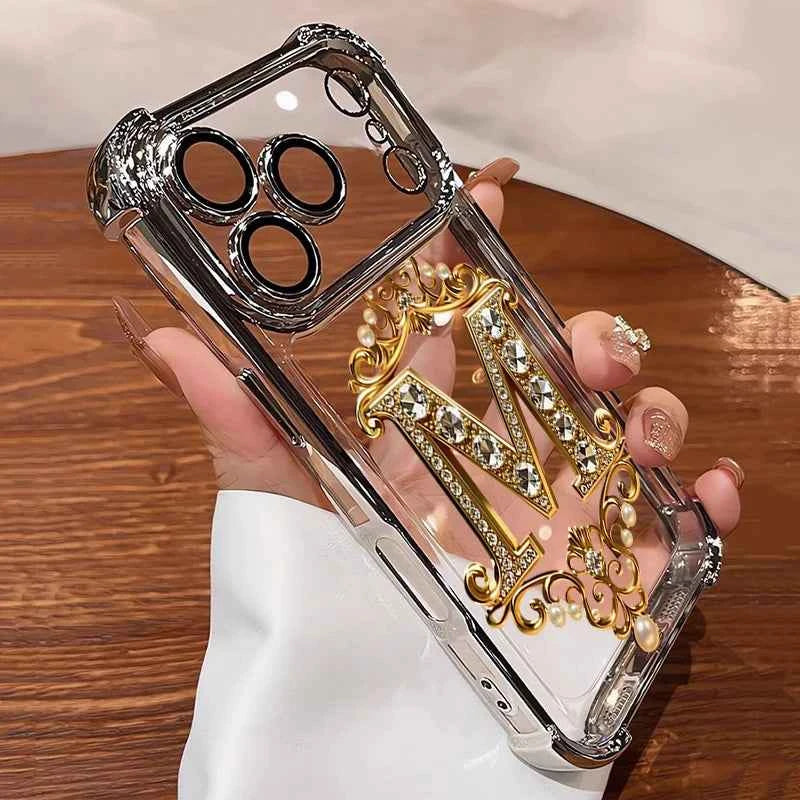 Diamond Golden "M" Pattern New Electroplated Transparent TPU Case For iPhone 17 Pro Max Air 16 15 14 Plus 11 12 13 Bumper Cover